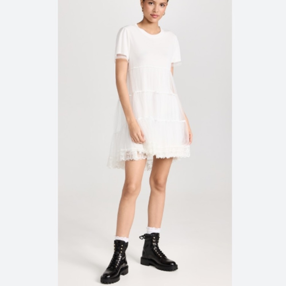Alice & Olivia White Babydoll Dreema Tulle Tee Lace Tiered Mini Dress NWT Sz M